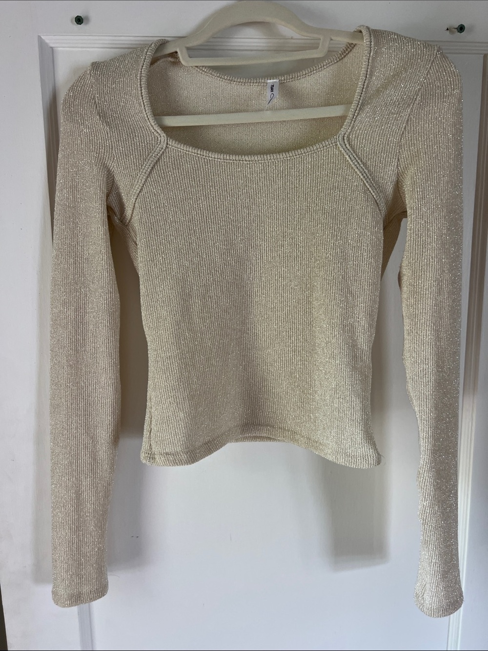 Shimmery Cream Knit Square Neck Long Sleeve Top